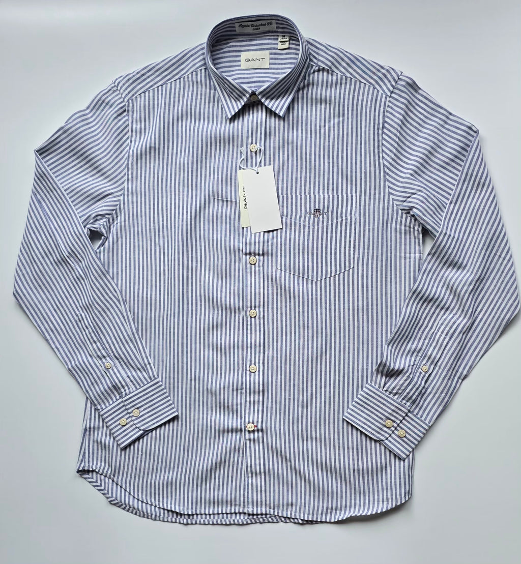 GANT* Blue Striped Linen Regular Fit Full Sleeve Shirt