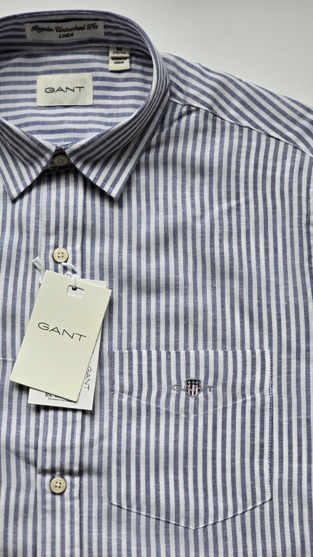 GANT* Blue Striped Linen Regular Fit Full Sleeve Shirt