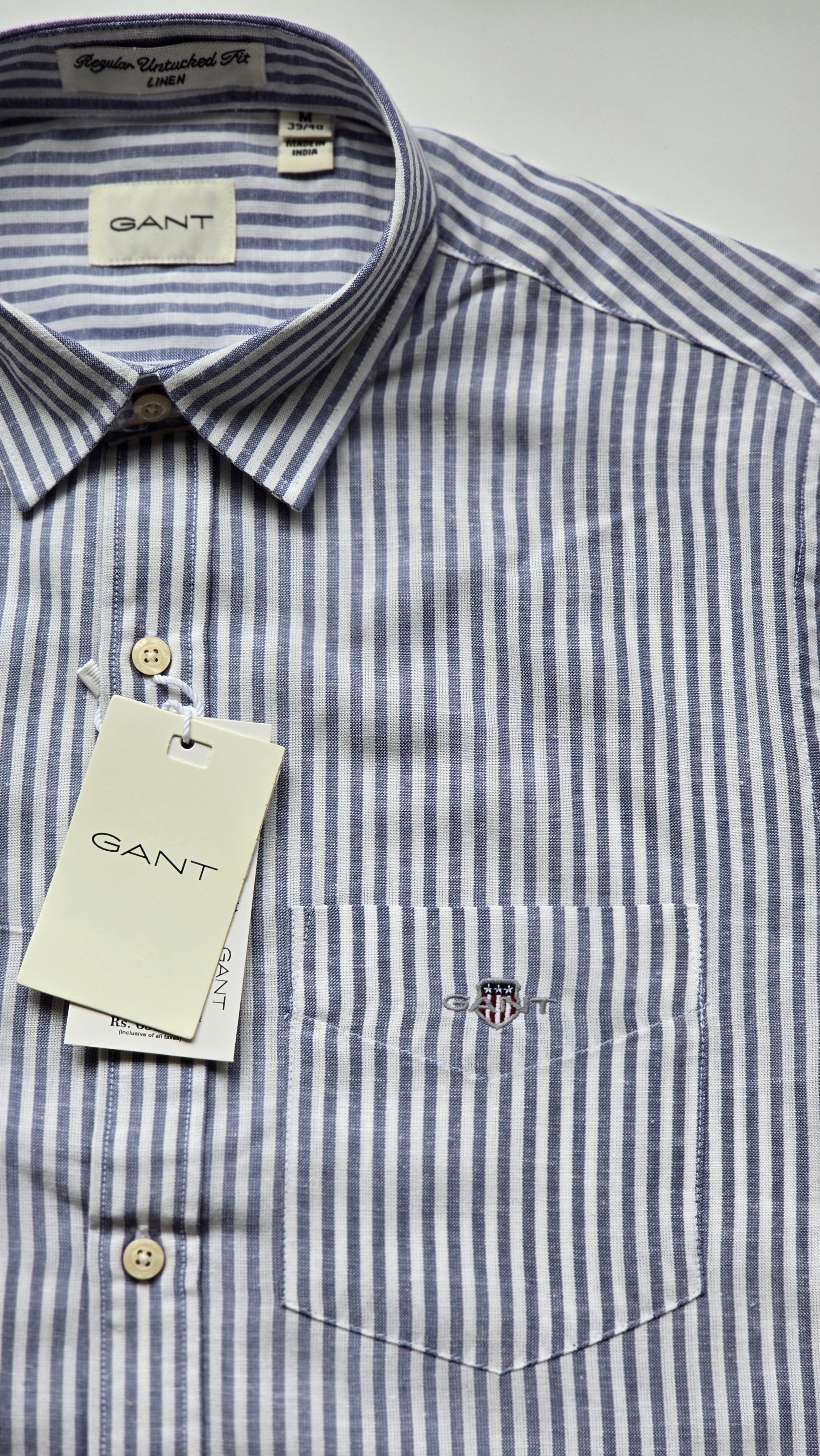 GANT* Blue Strip Linen Regular Fit Full Sleeve Shirt