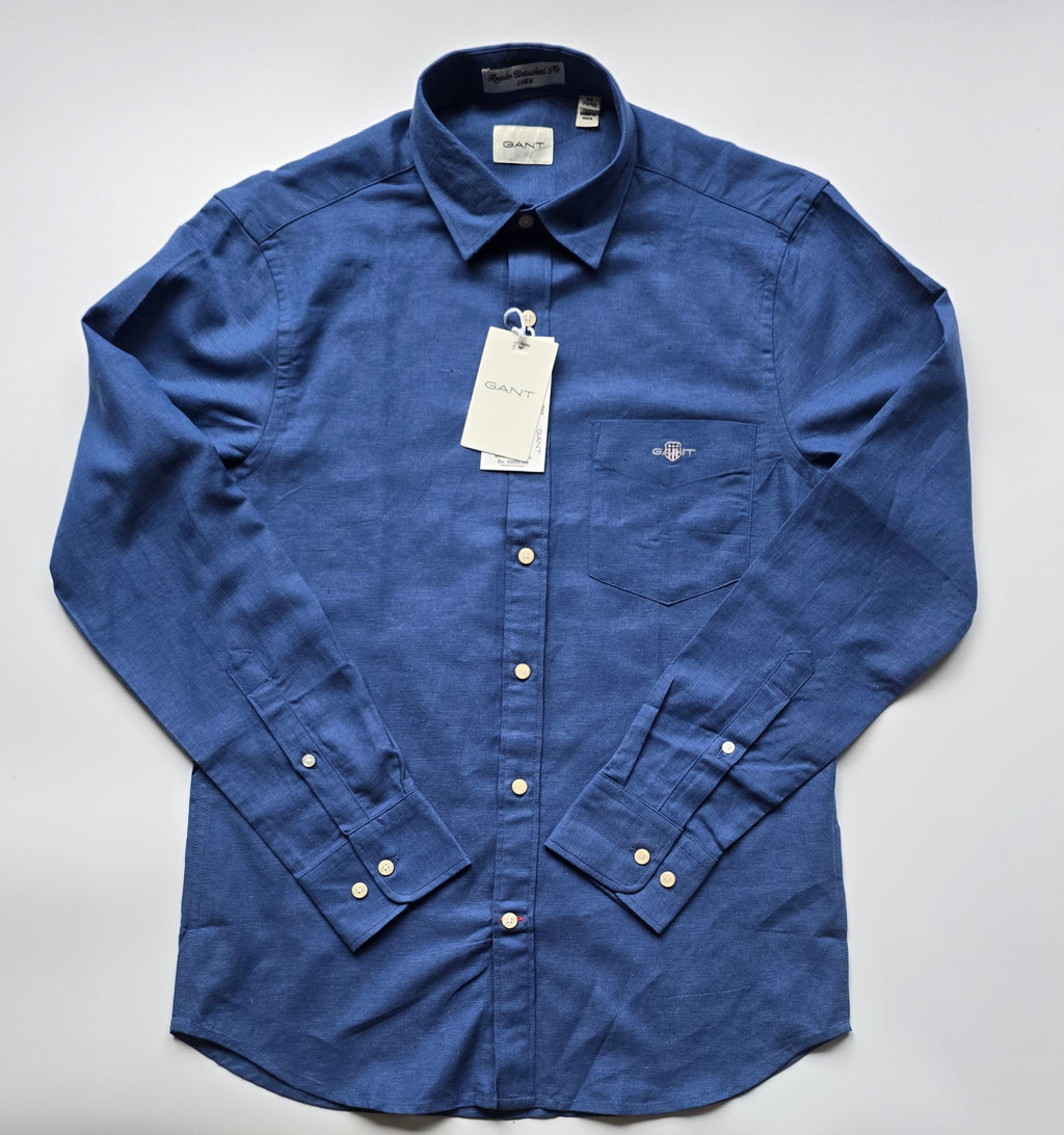 GANT* Navy Blue Linen Regular Fit Full Sleeve Shirt