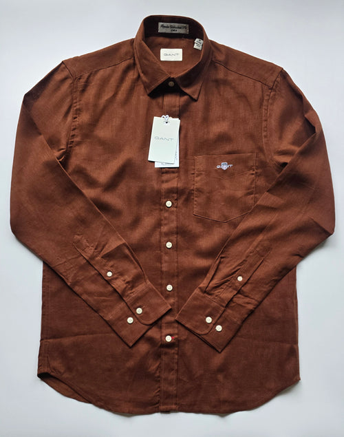 GANT* Brown Linen Regular Fit Full Sleeve Shirt